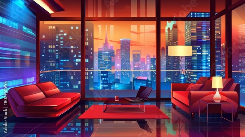 Cartoon apartment interior with a night city view. Modern illustration of a luxury apartment. The apartment features a large panoramic window, a red couch, a floor lamp, a laptop on a table, and a