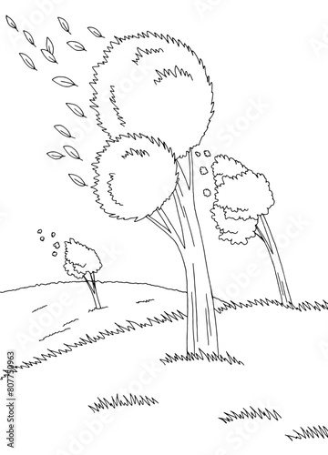 Wind forest graphic black white landscape vertical sketch illustration vector 