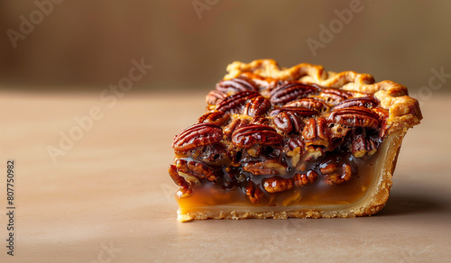 A slice of pecan pie is shown on a table photo