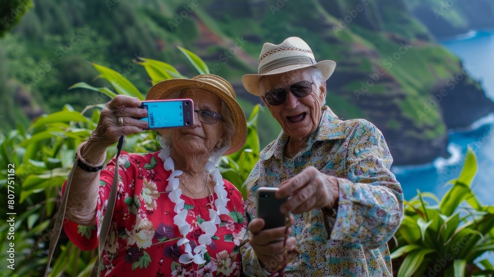 Smiling and Enjoying a Senior couple traveling and taking a selfie with a beach on the background, Vacation lifestyle of retired people concept.