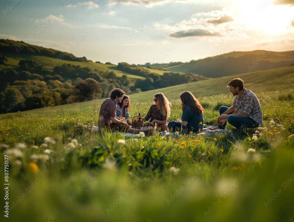 A group of people are sitting on a blanket in a field