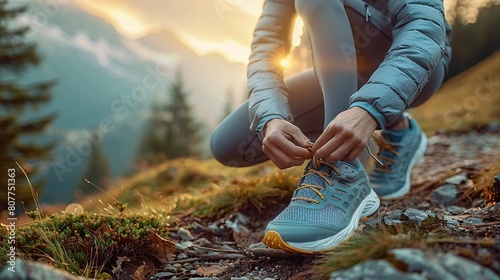 A woman tying her shoelaces while running on a mountain trail