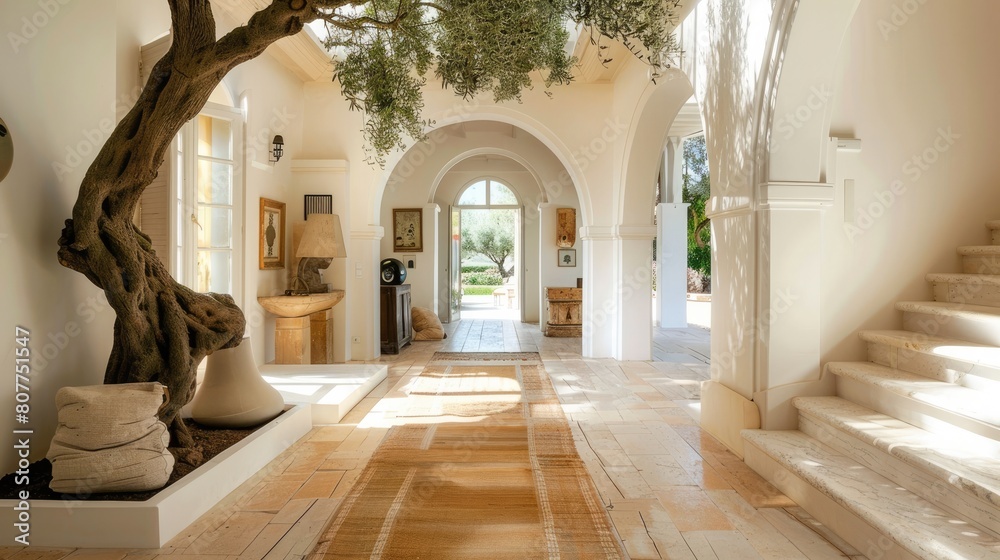 Luxurious Mediterranean Villa, Bright Entrance Hall with Olive Tree Luxurious Mediterranean Villa, Bright Entrance Hall with Olive Tree