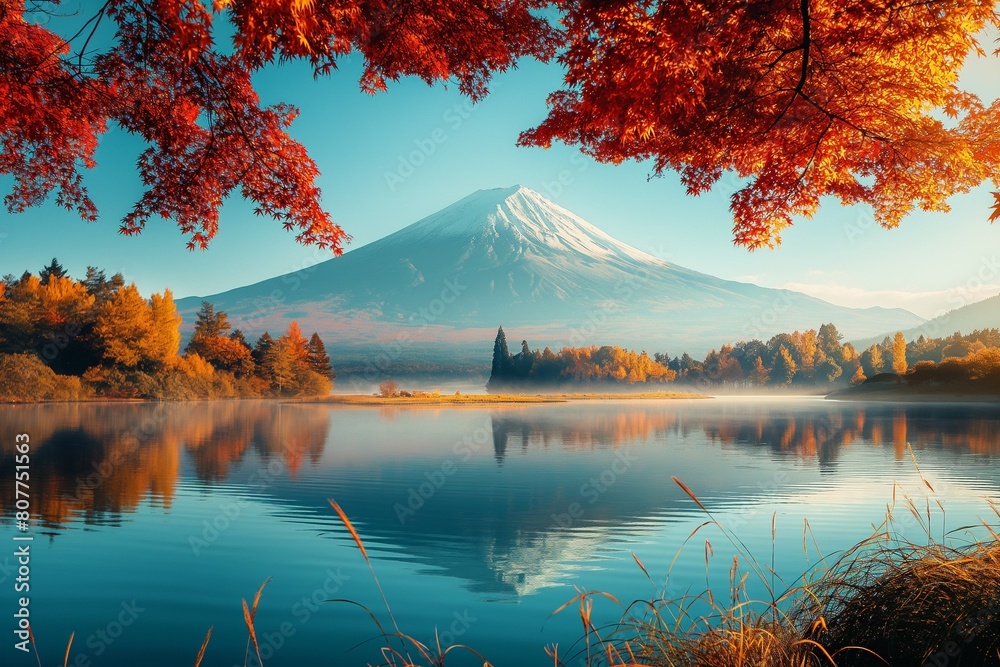 Majestic Mount Fuji with a serene lake in the foreground and colorful autumn leaves