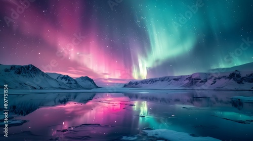 A breathtaking view of the Northern Lights dancing above snowcovered mountains, reflecting on icy waters in an endless horizon of wilderness.  photo