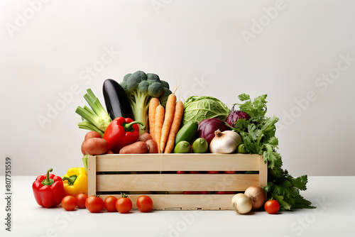 Fresh vegetables in a wooden box on a white background. Top view.