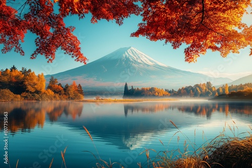 Majestic Mount Fuji with a serene lake in the foreground and colorful autumn leaves