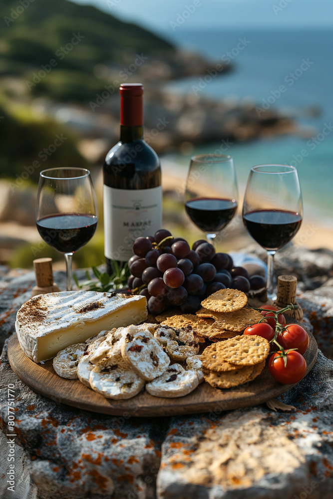 A table with a cheese platter, crackers, and wine glasses