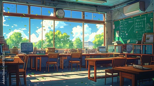 interior of study room at school. lofi art style. anime 2d background