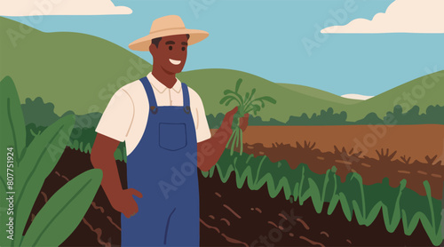 True Farmer - Agricultural Worker Standing in Lush Green Rice Field. Vector Illustration. EPS 10.