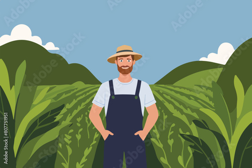 True Farmer - Agricultural Worker Standing in Lush Green Rice Field. Vector Illustration. EPS 10.