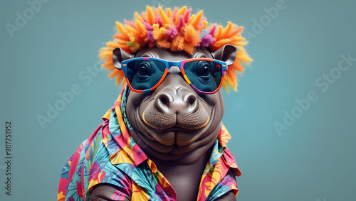 a hippo wearing sunglasses and a hawaiian shirt.