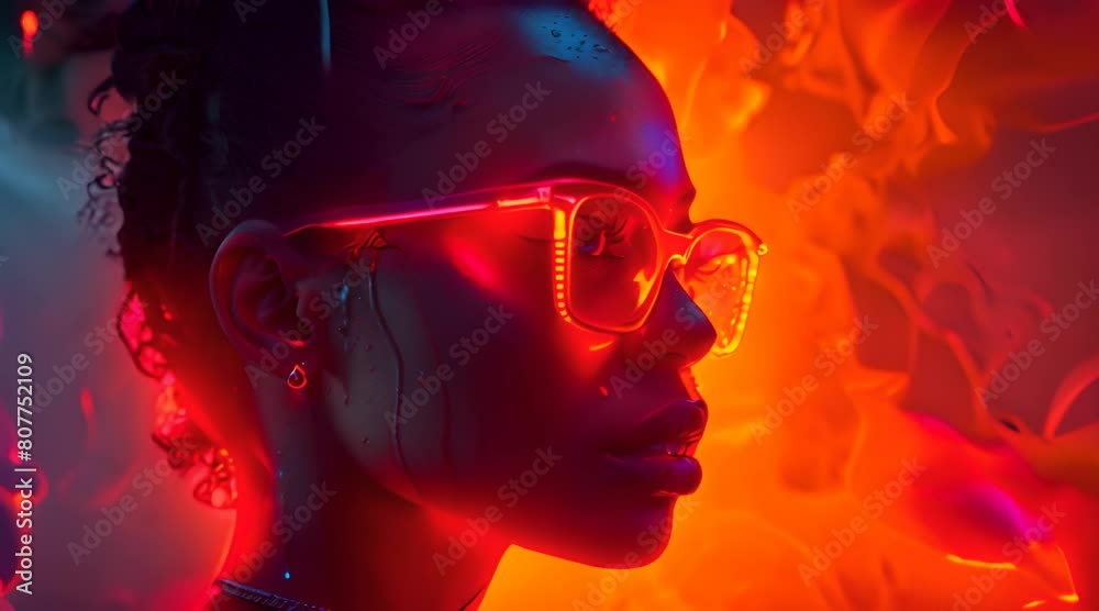 Stylish black woman in neon glowing orange glasses, sweat glistening, fiery backdrop, radiating strength amidst dynamic ambiance Stylish black woman in neon glowing orange glasses, sweat glistening, fiery backdrop, radiating strength amidst dynamic ambiance
