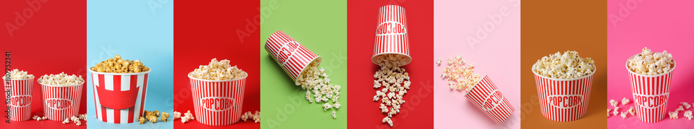 Collage with tasty popcorn on color background