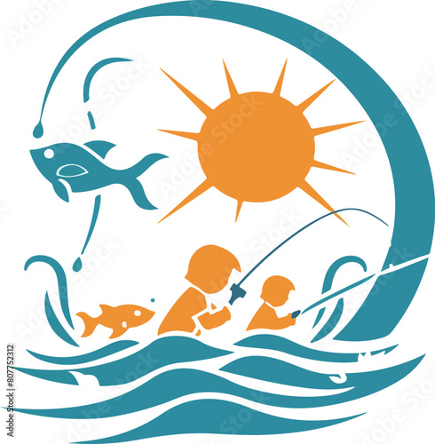 Children Fishing at Sunset Silhouette