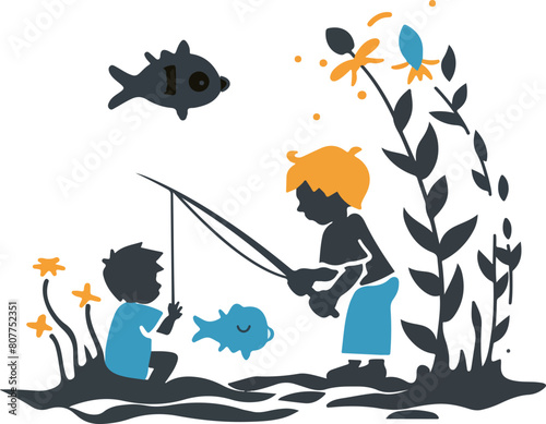 Children Fishing at Sunset Silhouette