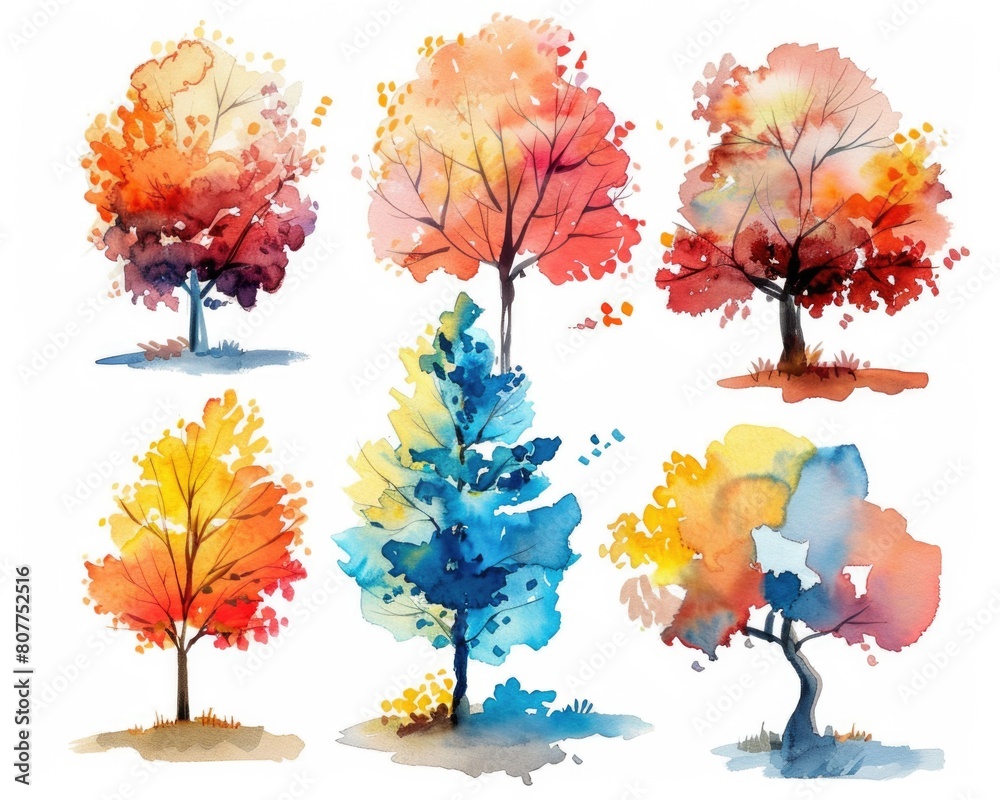 Water Color Trees. Hand Painted Collection of Colorful Trees on Abstract Background