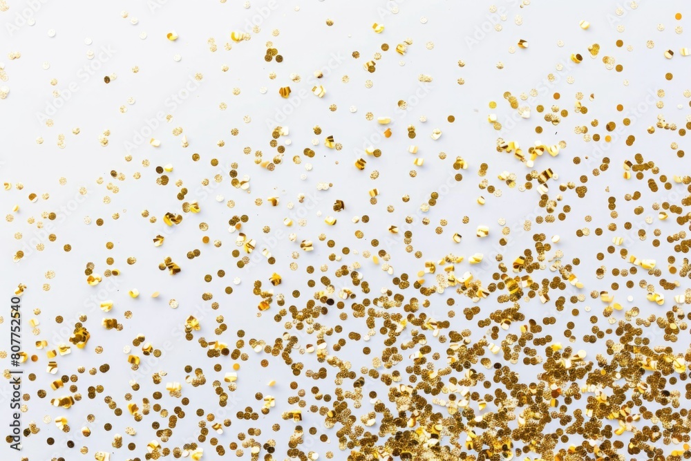 Party Texture. Golden Foil Confetti on Abstract White Background for Birthday Celebration