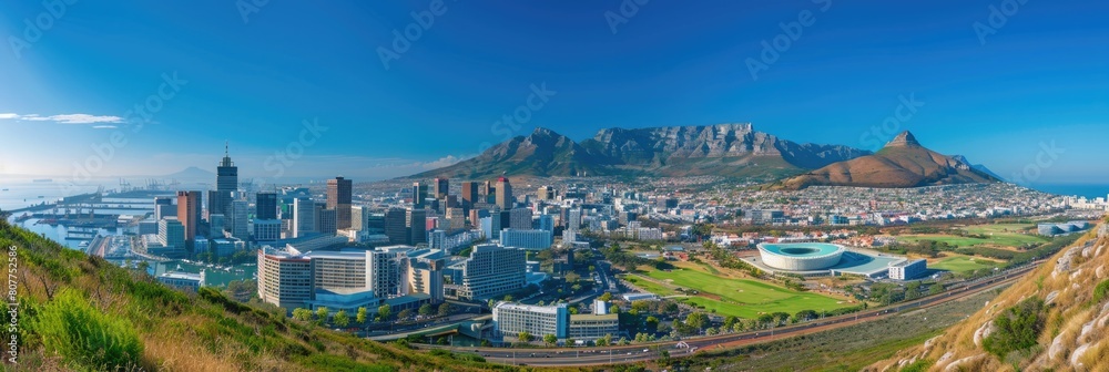 Naklejka premium City Hill. Cape Town City Skyline with Devil's Peak and Harbor in Western Cape Province