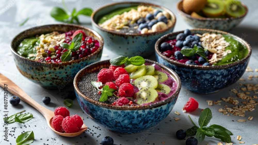 Bowls filled with assorted food and fresh berries and fruit, AI-generated.