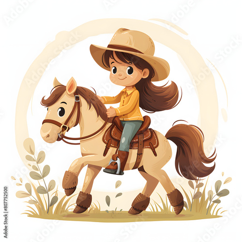 Child riding a pony with a wide smile at a farm isolated on white background  minimalism  png 