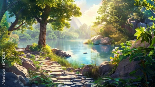 An illustration depicting a path to forest with river nature landscape background. A tree near a lake and a lovely calm stream in the summer. Sunlight shining through foliage and wood. A summer