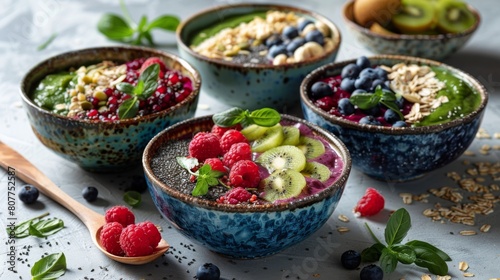 Bowls filled with assorted food and fresh berries and fruit, AI-generated.