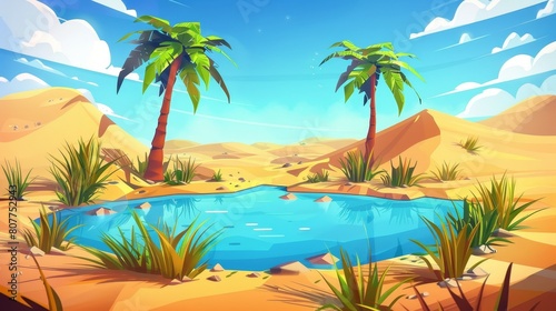 Modern cartoon illustration of a small lake and palm trees in the middle of a desert. The scene shows a fishpond with fresh water  a green grass bank  sand dunes  and a blue sunny sky.