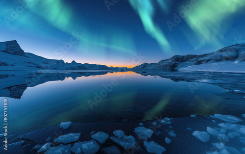 Greenland Aurora at Sunrise Reflections on Water AI Generated