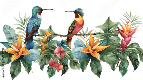 Birds pollinating tropical plants like heliconias and bromeliads in rainforests isolated on white background, vintage, png
 photo