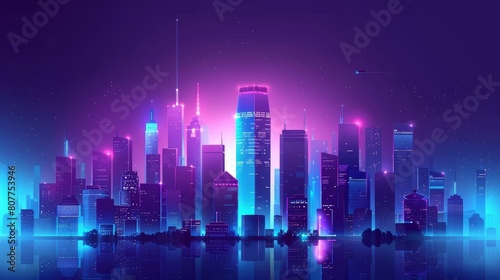 Dark cityscape skyline with skyscraper urban view illustration scene. Future purple office scape horizon at nighttime for metaverse backdrop.