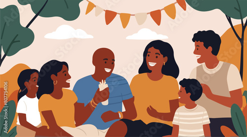 Joyful Family Getaway - Illustration of a Happy Family Sitting Together, Enjoying Vacation Vibes. Vector Illustration. EPS 10.