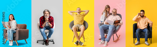 Collection of people sitting in comfortable armchairs on color background