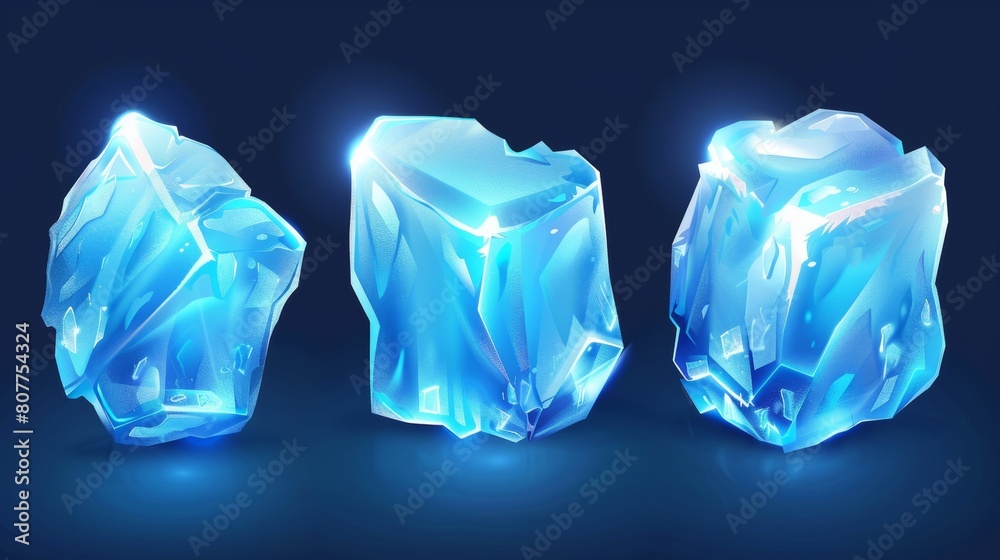 Isolated realistic modern 3D water ice cube piece. Translucent blue frozen cocktail drink object set. Clear glacial aqua drink collection. Clear cold and icy bubble with light reflections.