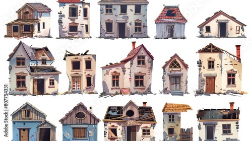 Set of cartoon houses isolated on a white background. Illustration of slum buildings, abandoned districts, cheap shacks with boarded windows, and criminal areas.