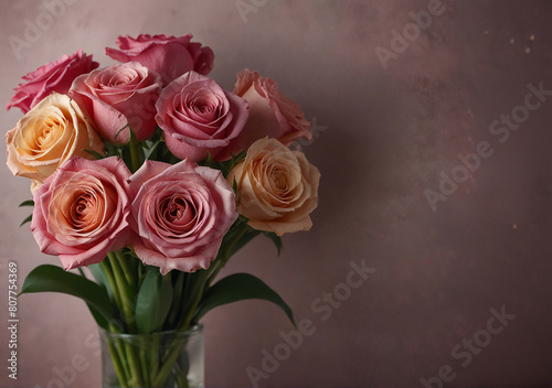 AI generated illustration of pink roses in a vase against a wall