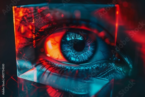 Close up photo of 3D visualization icon eye in cube