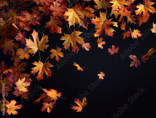 An autumn-themed  image of maple leaves in red  yellow  and orange hues falling against a black background captures the essence of the leaf fall season realistically.