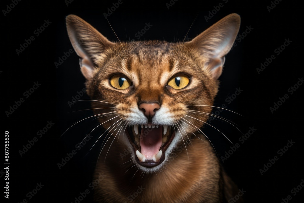 Medium shot portrait photography of a smiling abyssinian cat growling isolated in minimalist or empty room background Medium shot portrait photography of a smiling abyssinian cat growling isolated in minimalist or empty room background