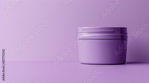 A minimalist blank cosmetic cream container on a soft lavender background with empty space on the right side for product features,