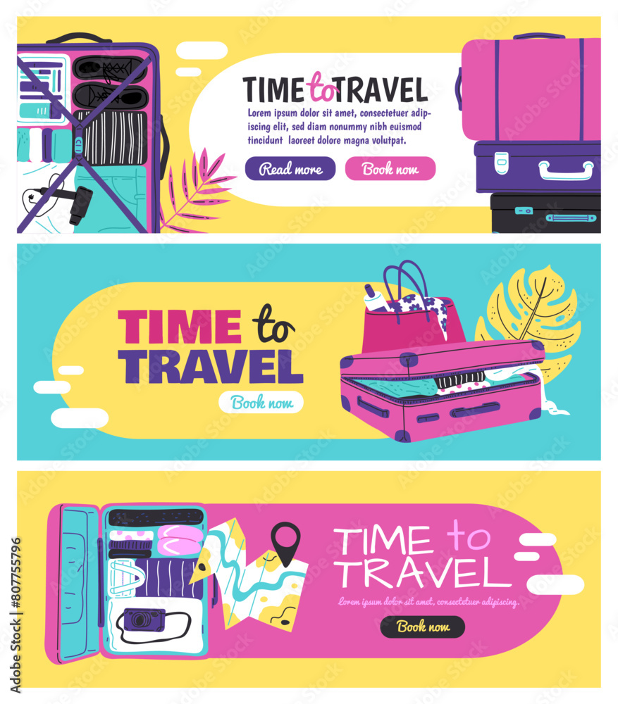 Vacation luggage and travel items vector illustration set.