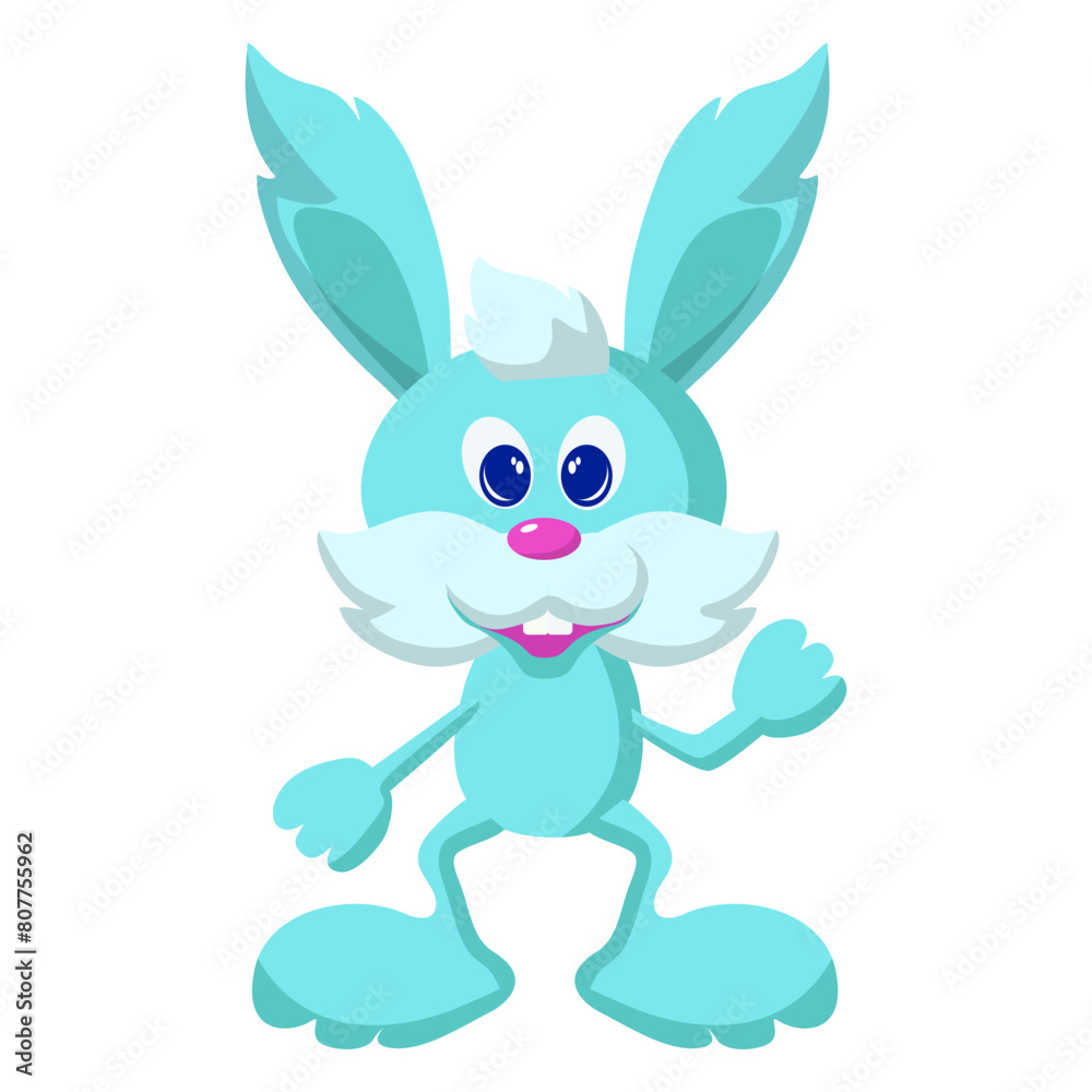 Funny cyan rabbit with blue eyes and pink nose. Cartoon vector illustration on white background.