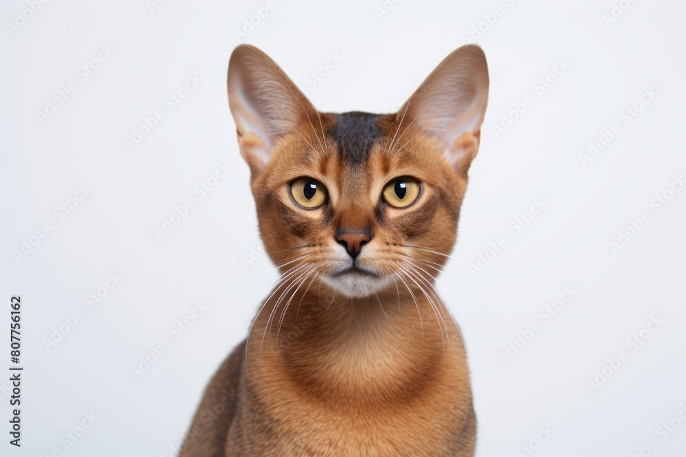 Medium shot portrait photography of a smiling abyssinian cat hunting in minimalist or empty room background