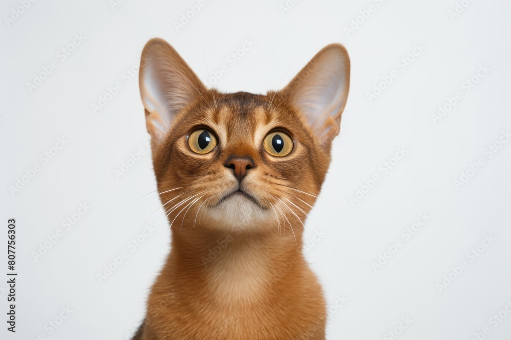Studio portrait photography of a cute abyssinian cat begging for food in front of minimalist or empty room background