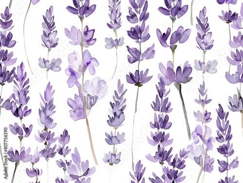 Watercolor lavender flower pattern on white background, perfect for fabric. illustration of delicate blooms. Ideal for swatches.