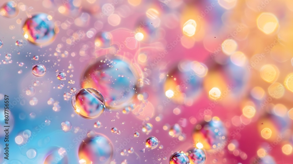 A closeup of water droplets floating on the surface, creating an abstract and colorful background with pastel colors. The droplet shapes include circles and dots. A closeup of water droplets floating on the surface, creating an abstract and colorful background with pastel colors. The droplet shapes include circles and dots.