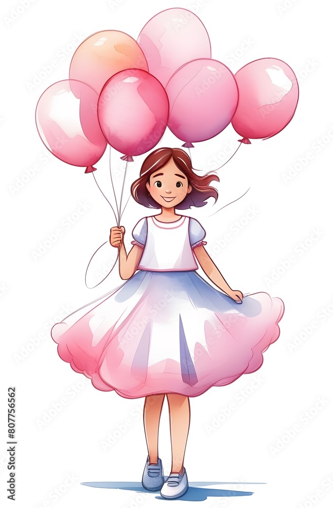 Hand drawn beautiful, cute, little girl is flying on balloons. illustration. Hand drawn beautiful, cute, little girl is flying on balloons. illustration.