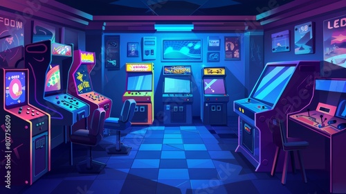 Game machines in retro computer club, cartoon illustration of interior design, old arcade cabinets, old pinball machines, poster on wall. photo
