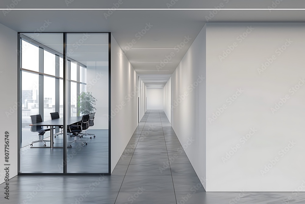 Obraz premium Modern office corridor or hallway interior with empty space over the white wall and the meeting room