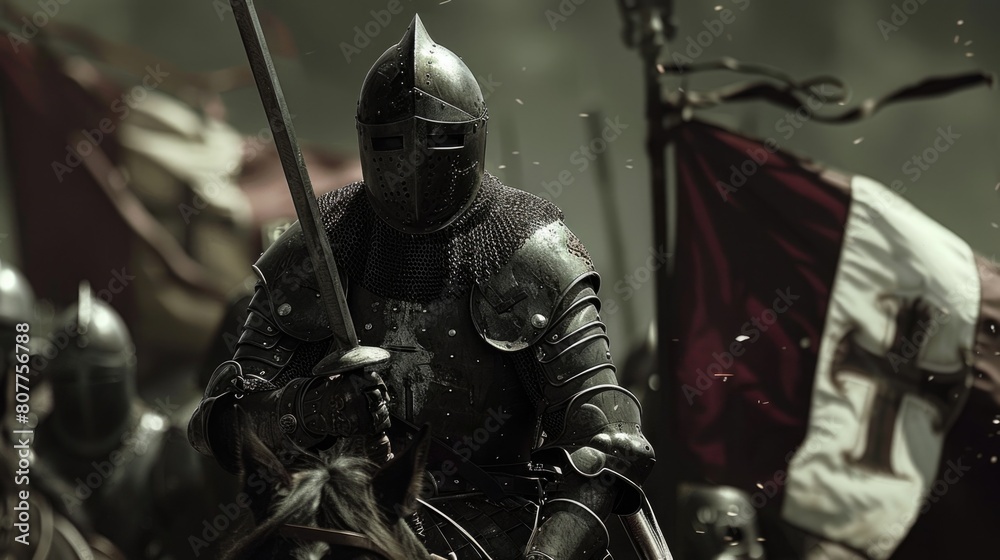 Battle Flag. Medieval Knight on Horseback with Armor and Flag Stock ...